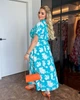 Платье женское батал макси из штапеля свободного кроя с коротким рукавом резинкой на талии и цветочным принтом G&M k-131394 48-52 Размер цвет бирюзовый - изображение 4
