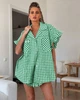 Летний женский костюм в клетку из хлопка рубашка и шорты Романтический легкий костюм-двойка оверсайз с воланами SOLINNA В-009 Зеленый, 46-48 - изображение 3