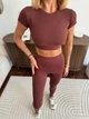 Спортивный женский костюм Hot с имитацией белья для фитнеса и йоги (кроп-топ футболка + леггинсы) c двойным Push Up L Шоколад (JB05_HOTL) - изображение 1