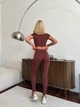 Спортивный женский костюм Hot с имитацией белья для фитнеса и йоги (кроп-топ футболка + леггинсы) c двойным Push Up L Шоколад (JB05_HOTL) - изображение 7