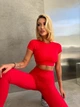 Спортивный женский костюм Hot с имитацией белья для фитнеса и йоги (кроп-топ футболка + леггинсы) c двойным Push Up L Красный (JB03_HOTL) - изображение 9