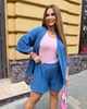 Костюм женский летний двойка из льна-жатки с халатом-кимоно, поясом и шортами больших размеров G&M k-131680 50-52 Размер цвет джинс - изображение 1