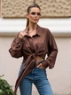 Кроп рубашка хлопковая с завязкой и длинным рукавом ISSA PLUS 15822 S темно-коричневая (issa2007682849062) - изображение 1