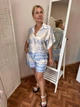 Женский итальянский костюм-двойка оверсайз рубашка и шорты Молочно-белый светло-голубой Вискоза и шелк One Size 0002/1 - изображение 2