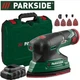Мультишлифовальная машина Parkside 12 В аккумуляторная с индикатором заряда 11000 обмин 613 г с набором наждачной бумаги и кейсом для хранения для дерева металла и пластика эргономичная модель - изображение 1