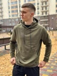 Мужской демисезонный базовый худи на двунитке с капюшоном однотонная толстовка осень весна XL Хаки - изображение 2
