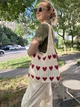 Сумка-шопер в'язана текстильна з сердечками бежева багаторазова екоторба на плече 35×31×29 см - зображення 2