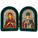 Ікона-складень "Богородиця Семистрільна та Святий Миколай" в оксамиті арочна зелена 6х8 см - зображення 1
