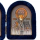 Икона-складень "Богородица Семистрельная и Николай Чудотворец" в бархате арочная синяя 6х8 см - изображение 3