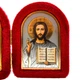Икона-складень "Богородица Почаевская и Спаситель" в бархате арочная красная 6х8 см - изображение 3
