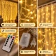 Гірлянда-штора Роса LED з пультом 3*3 м, 8 режимів світіння, Крапля Роси, Теплий/Жовтий колір - зображення 2