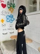 Женское укороченное худи с капюшоном Gothic Letters, черное с золотым принтом, L - изображение 9