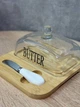 Масленка бамбуковая со стеклянной крышкой и ножом для масла с надписью "BUTTER" - изображение 2