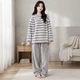 Комплект жіночої піжами Lesko Stripes Сірий 2XL сорочка з довгим рукавом і штанами для дому флісовий - зображення 1