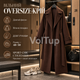 Женское кашемировое пальто oversize 48–50 шоколадного цвета, длинное на подкладке с отложным воротником и поясом - изображение 2