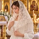Венчальный платок женский бежевый 80×80 см, кружевная накидка на голову с цветочной вышивкой и бахромой для церкви (PV-1003) - изображение 2