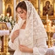 Венчальный шарф женский бежевый 135×45 см, кружевная накидка на голову с цветочной вышивкой и бахромой для церкви (PV-1005) - изображение 2