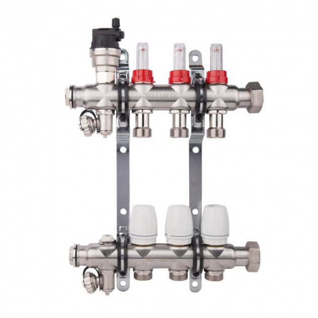 

Коллектор SD Forte термо с расходомерами 1"х 10" (кран сливн.-2, маевского-2) нерж. SFE00410
