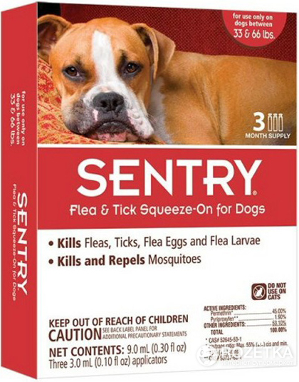 

Капли Sentry от блох, клещей и комаров для собак весом 15 - 30 кг 3 пипетки (9 мл)