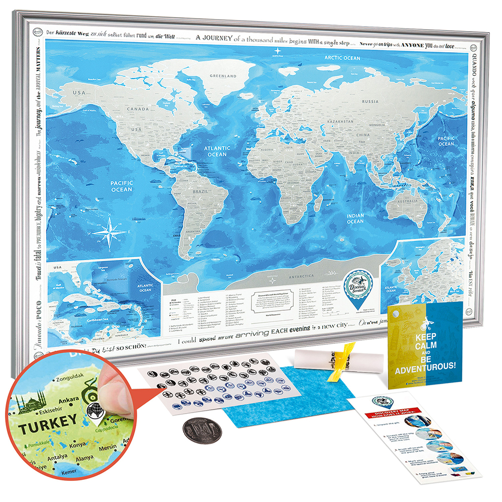 

Скретч-карта мира Discovery Map Silver (ENG) в серебристой раме