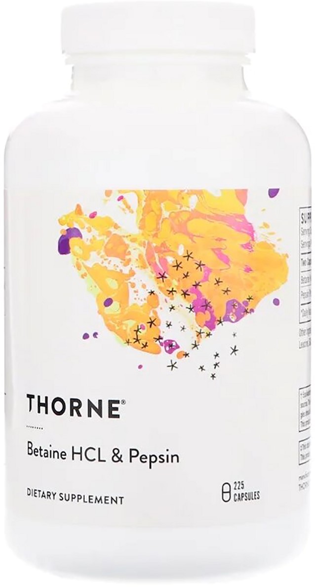 

Натуральная добавка Thorne Research Бетаин HCL и Песин, Betaine HCL & Pepsin, 225 капсул (693749415022)
