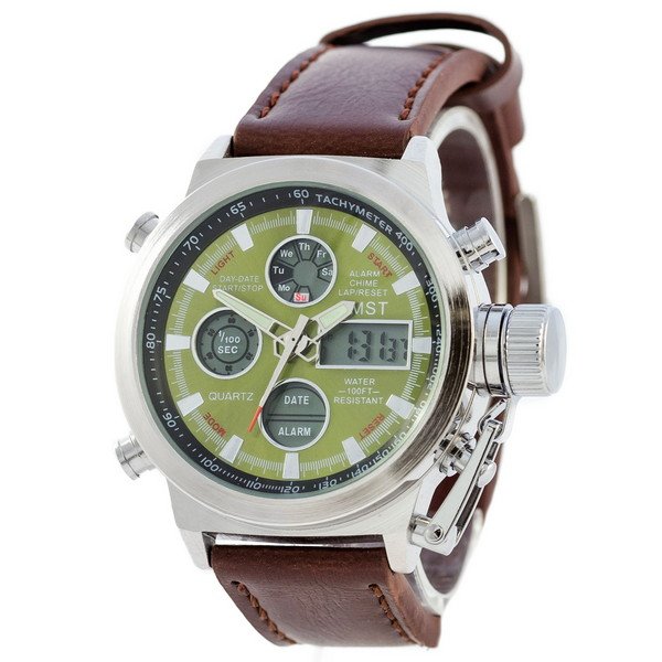 

Мужские наручные часы (3003 Silver-Green Brown Wristband) AMST 45 мм Серебряный 000018146