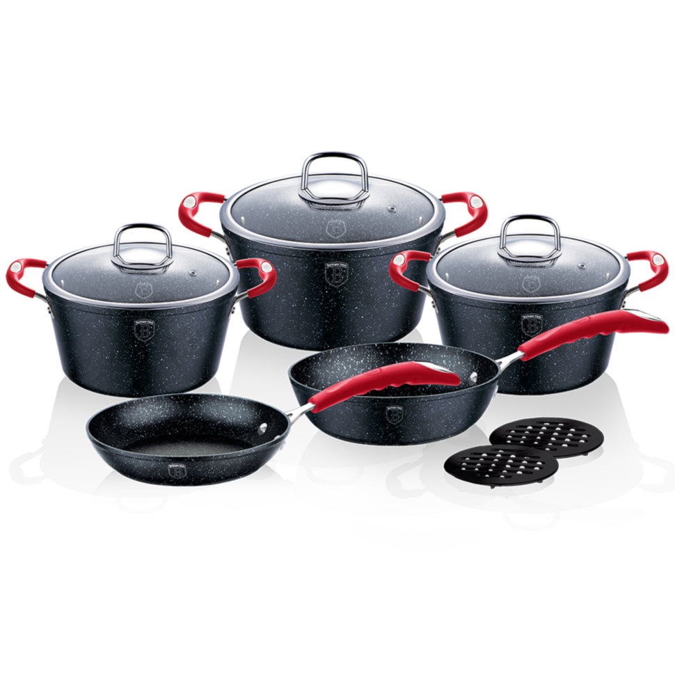 

Уникальный набор посуды Berlinger Haus BH-1166N на 10 предметов Stone Touch Line Black с силиконовыми ручками Soft Touch