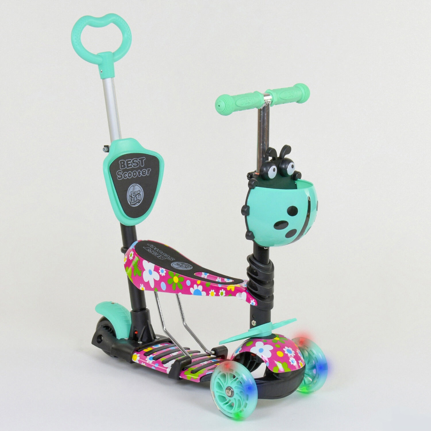 

Самокат-беговел 5в1 Best Scooter с родительской ручкой, светящиеся колеса 43702