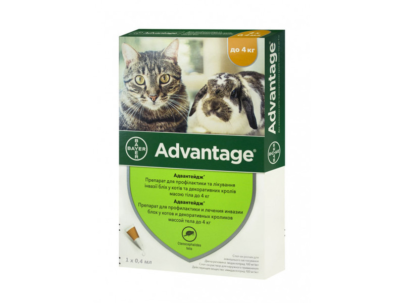 

Препарат от блох для кошек и кроликов весом до 4 кг Bayer Advantage 40 4 х 0,4 мл