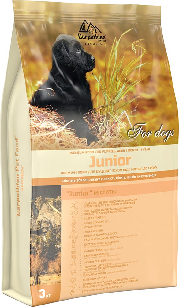 

Сухой корм Carpathian Pet Food Junior с курицей, скумбрией и сухим молоком для щенков от 1 месяца до 1 года 3 кг (4820111140862)