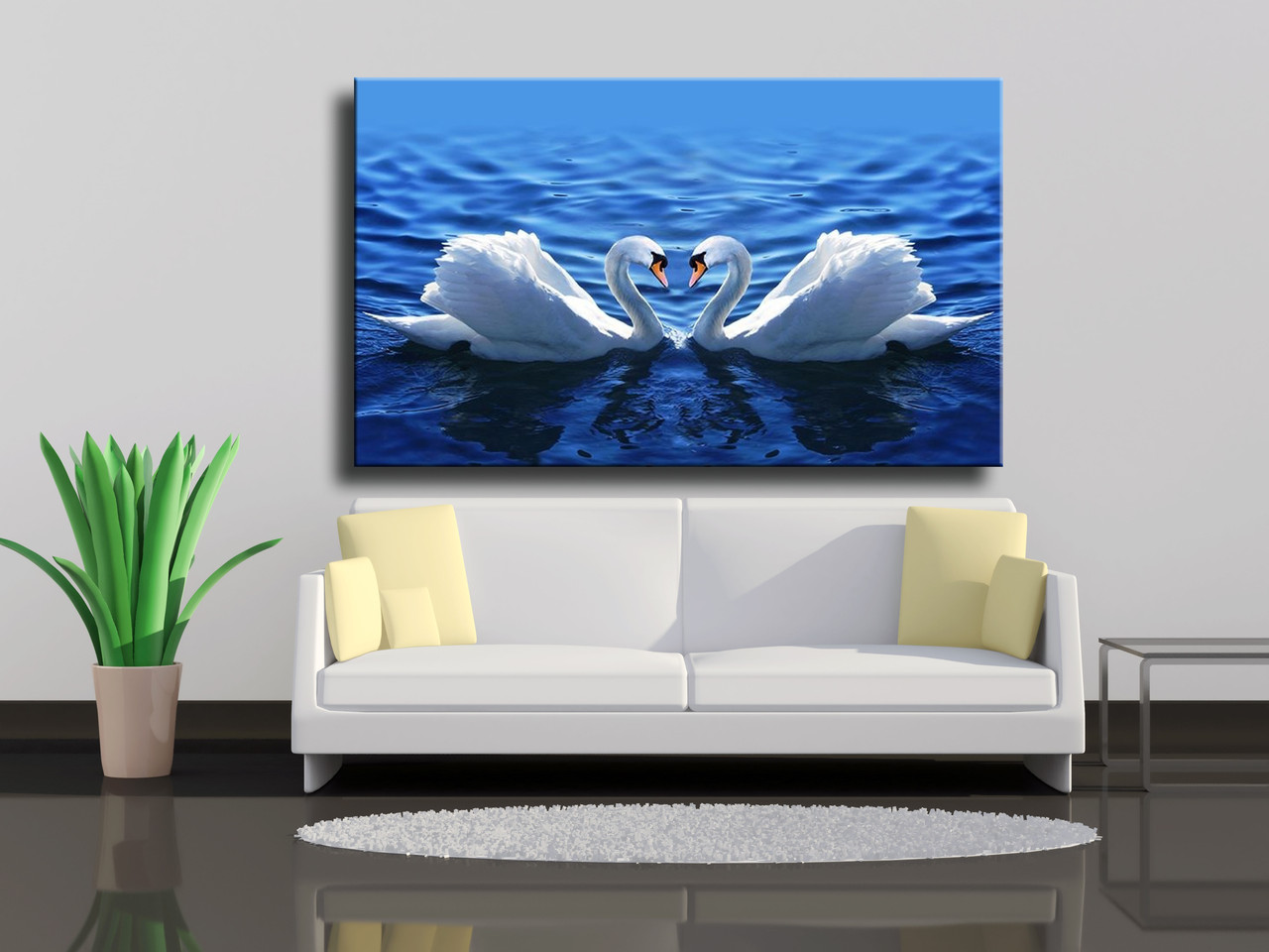 

Картина на холсте Beautiful two swans in the blue lake 70х40