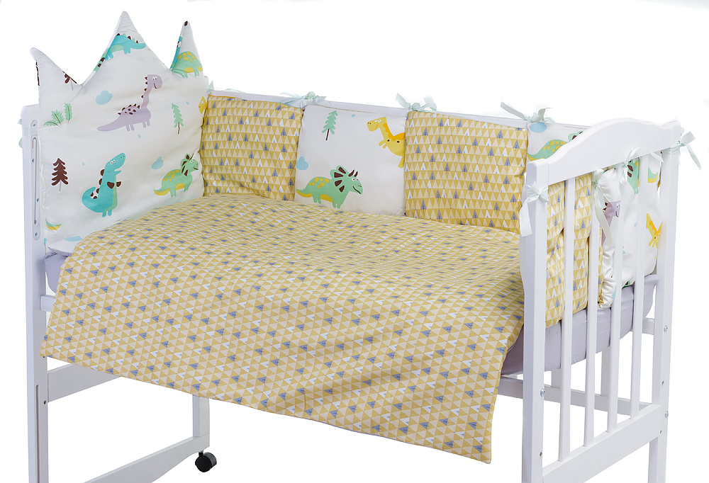 

Детская постель Babyroom Classic Bortiki-01 (6 элементов) белый-серый-горчичный (динозавры)
