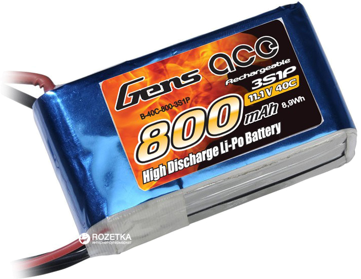 

Аккумулятор Gens Ace 800 mAh 11.1V 40C 3S1P Lipo Battery Pack (B-40C-800-3S1P)