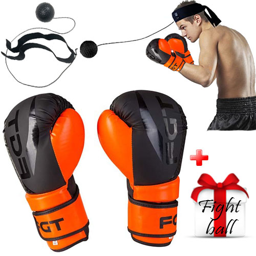 

Боксерские перчатки FGT ,10унц, оранж/черный + тренажер для бокса fight ball (файт бол) в подарок