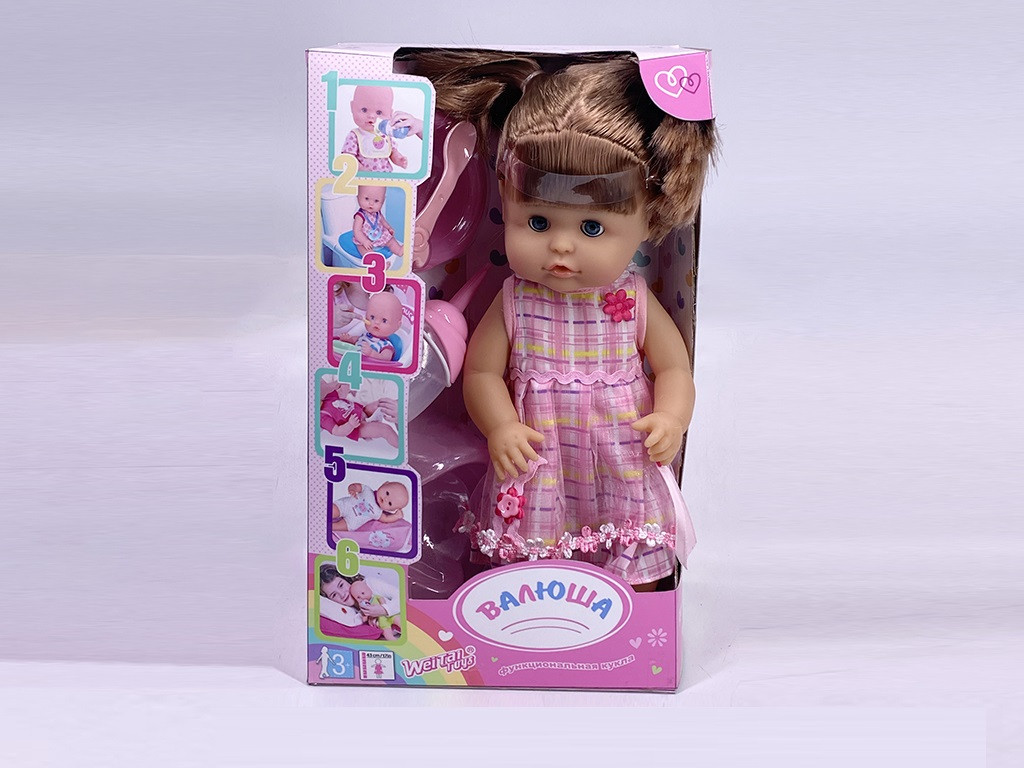 

Кукла функциональная "Валюша" R320007C6 (T14096) пьет-пис, горшок, бутылочка, тарелочка, в коробке 32*19*20