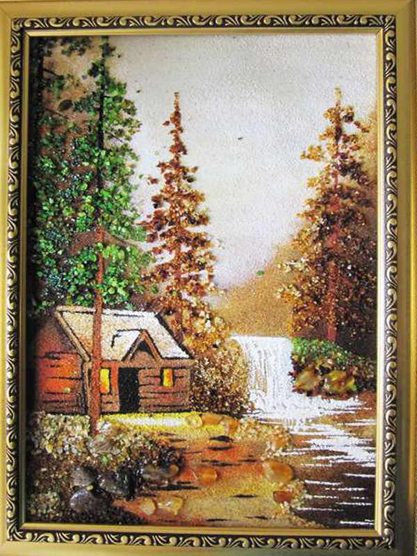 

Картина из янтаря 35*26 см Дом и водопад KD008777