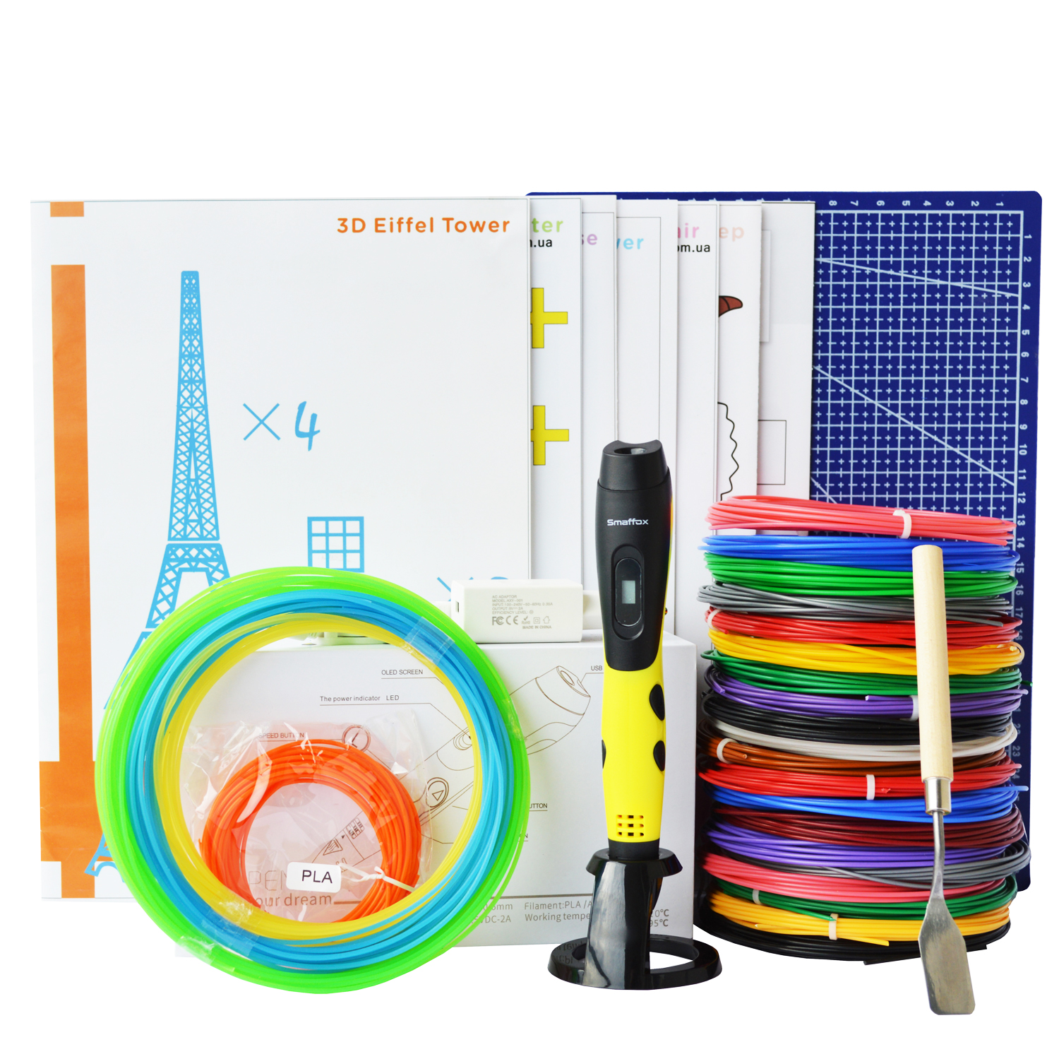 

3D-ручка Air Pen Smaffox PLAY Yellow с Набором ABS Пластика 320 метров (16 цветов), Светящийся PLA пластик 10 метров, Коврик для 3D ручек и Набор трафаретов