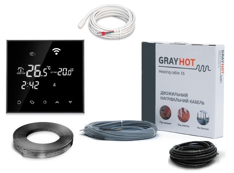 

Тепла підлога нагрівальний двожильний кабель Gray Hot Heating 59м. 886Вт з програмованим сенсорним терморегулятором в комплекті (VIT7394)