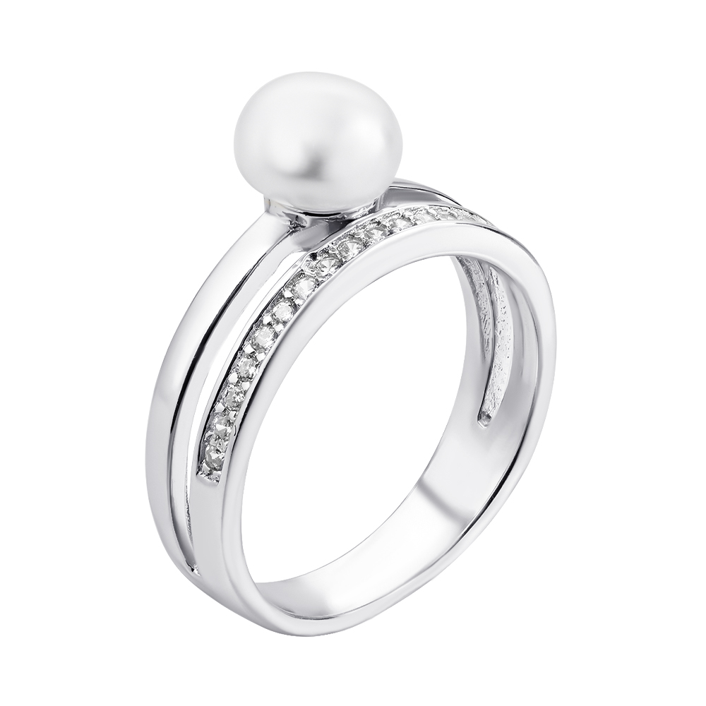 

Серебряное кольцо с жемчугом и фианитами 000133840 18 размера