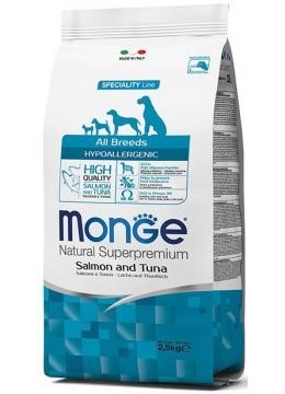 

Сухой корм для собак Monge DOG All breeds Hypoallergenic лосось с тунцом 2.5 кг