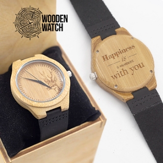 

Деревянные наручные часы ручной работы WoodenWatch Nature с индивидуальной гравировкой "Happiness is a moments with you" Черный