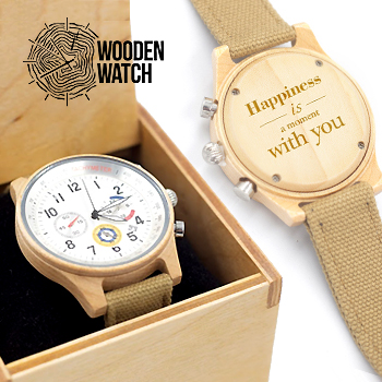 

Деревянные наручные часы ручной работы WoodenWatch Comandor с индивидуальной гравировкой "Happiness is a moments with you" Бежевые