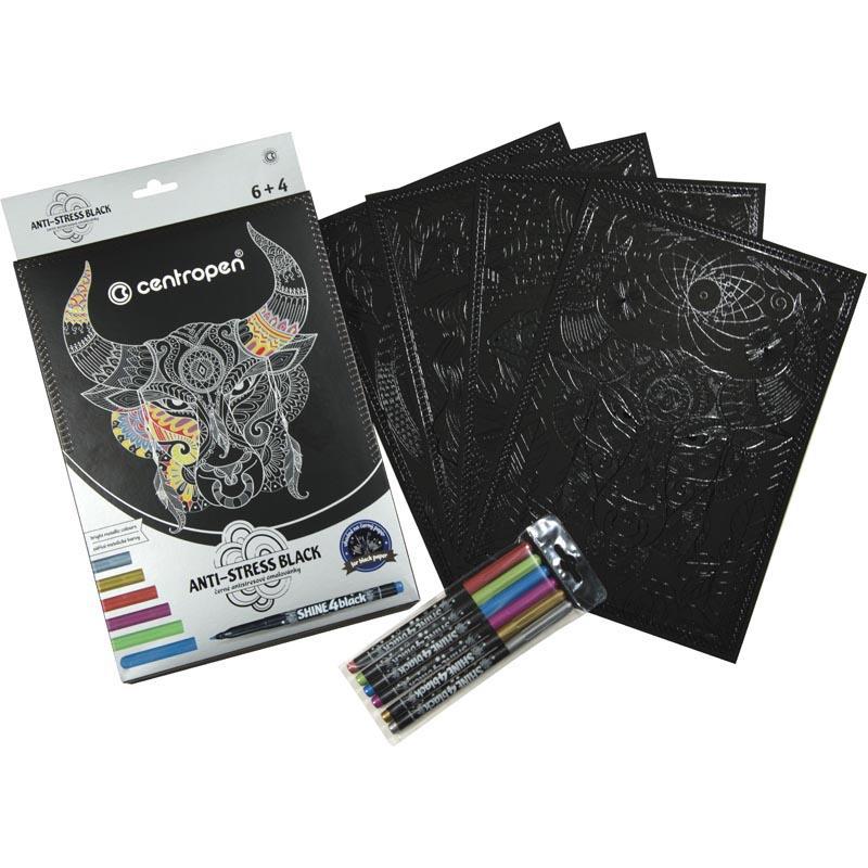 

Раскраска на чёрной бумаге Centropen Anti-stress black 4 листа A4 формата, 6 маркеров металлических цветов