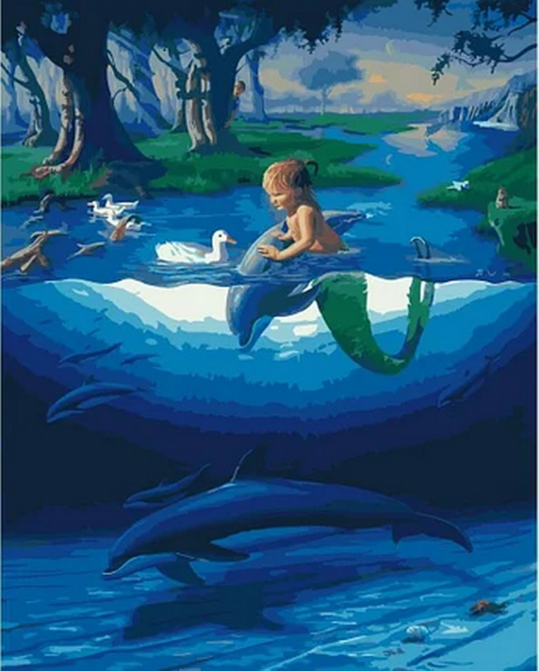 

Картина по номерам Rainbow Art Маленький Русал с дельфинами GX28270-RA