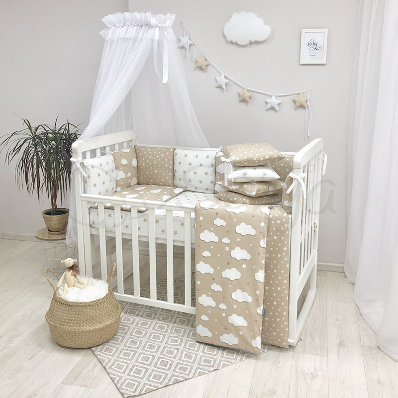 

Комплект в кроватку Маленькая соня Baby Облака поплин стандарт/овал с бортиками 7 предметов детский бежевый арт.0120385