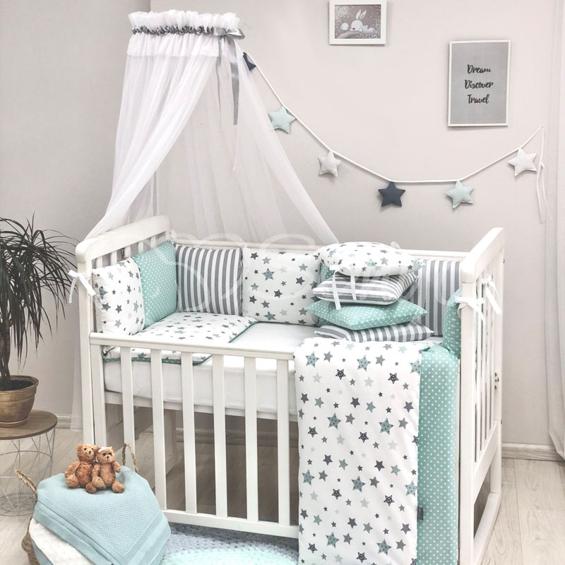 

Комплект в кроватку Маленькая соня Baby Stars поплин стандарт/овал с бортиками 6 предметов детский мятный арт.0220229