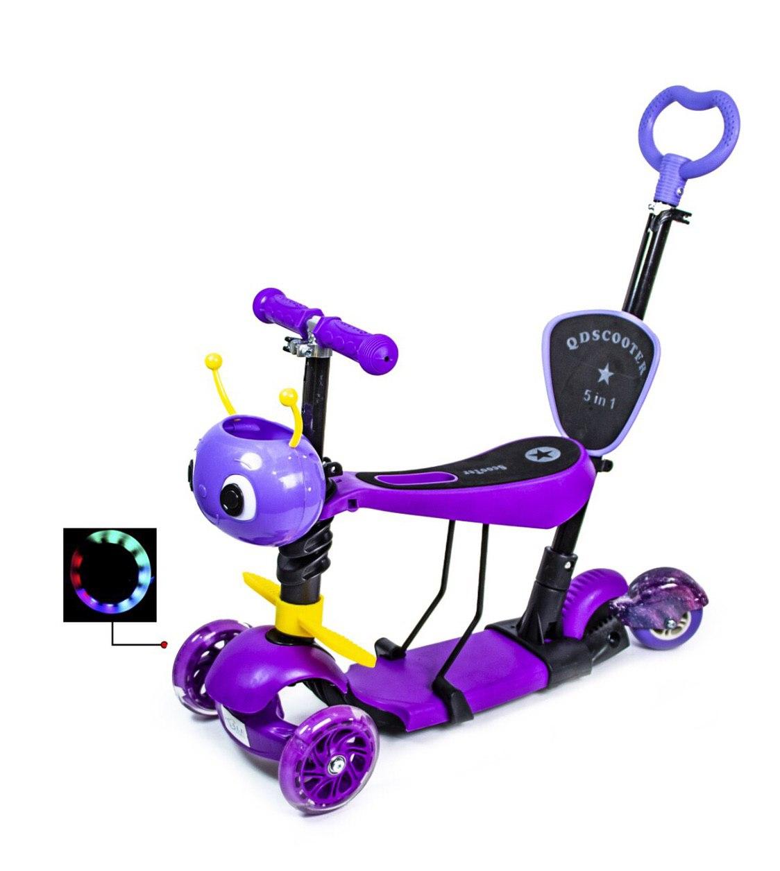 

Детский самокат SCOOTER 5 в 1 ПЧЕЛКА с Родительской ручкой и сиденьем Светящиеся колеса Фиолетовый (SD 1681299662)
