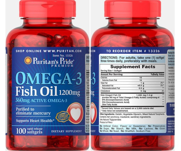 

Жирные кислоты Puritan's Pride Omega 3 Fish Oil 1200 mg, 100 капсул (103019)