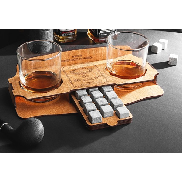 

Камни для виски Whiskey stones Original Wood and Glass 12шт из стеатита + мешочек + 2 стакана