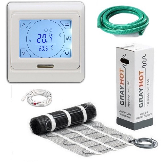 

Теплый пол Gray hot нагревательный двухжильный мат под плитку 1929Вт 12,8м2 в комплекте с программируемым сенсорным терморегулятором